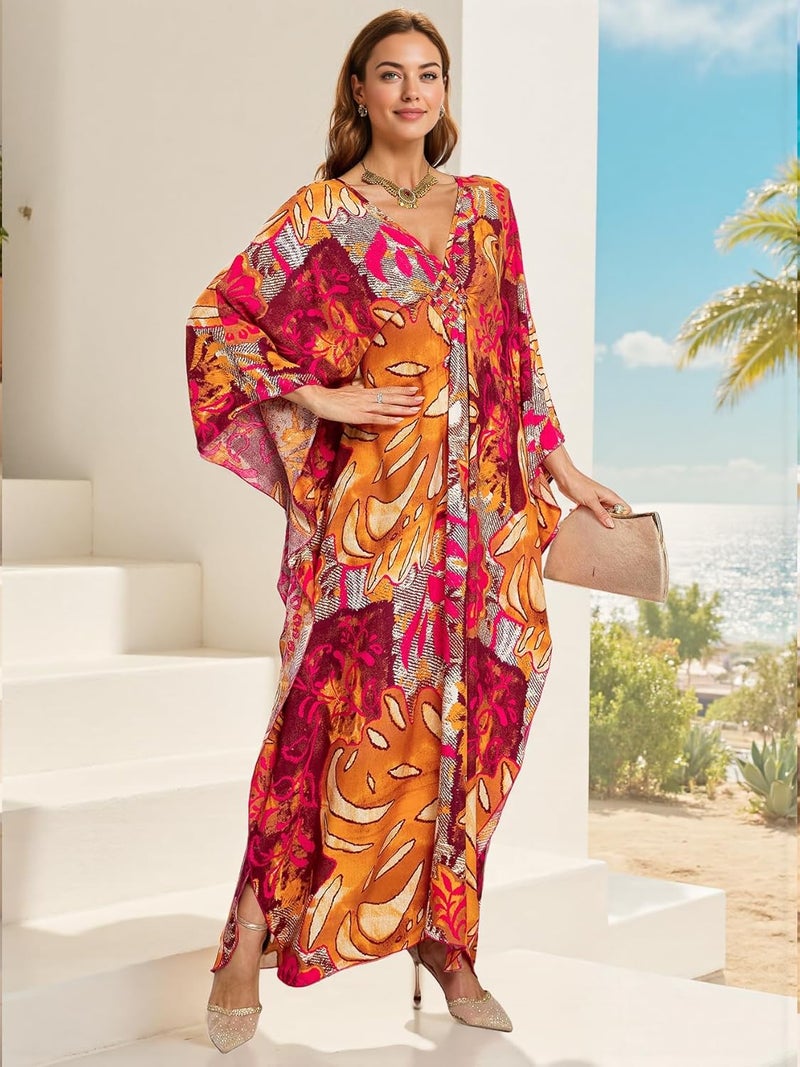 IMAGEKOPE Women's Plus Size Animal Print V-Neck Batwing Kaftan Beach Dress Bathing Suit Cover-Up Loungewear - Image 3